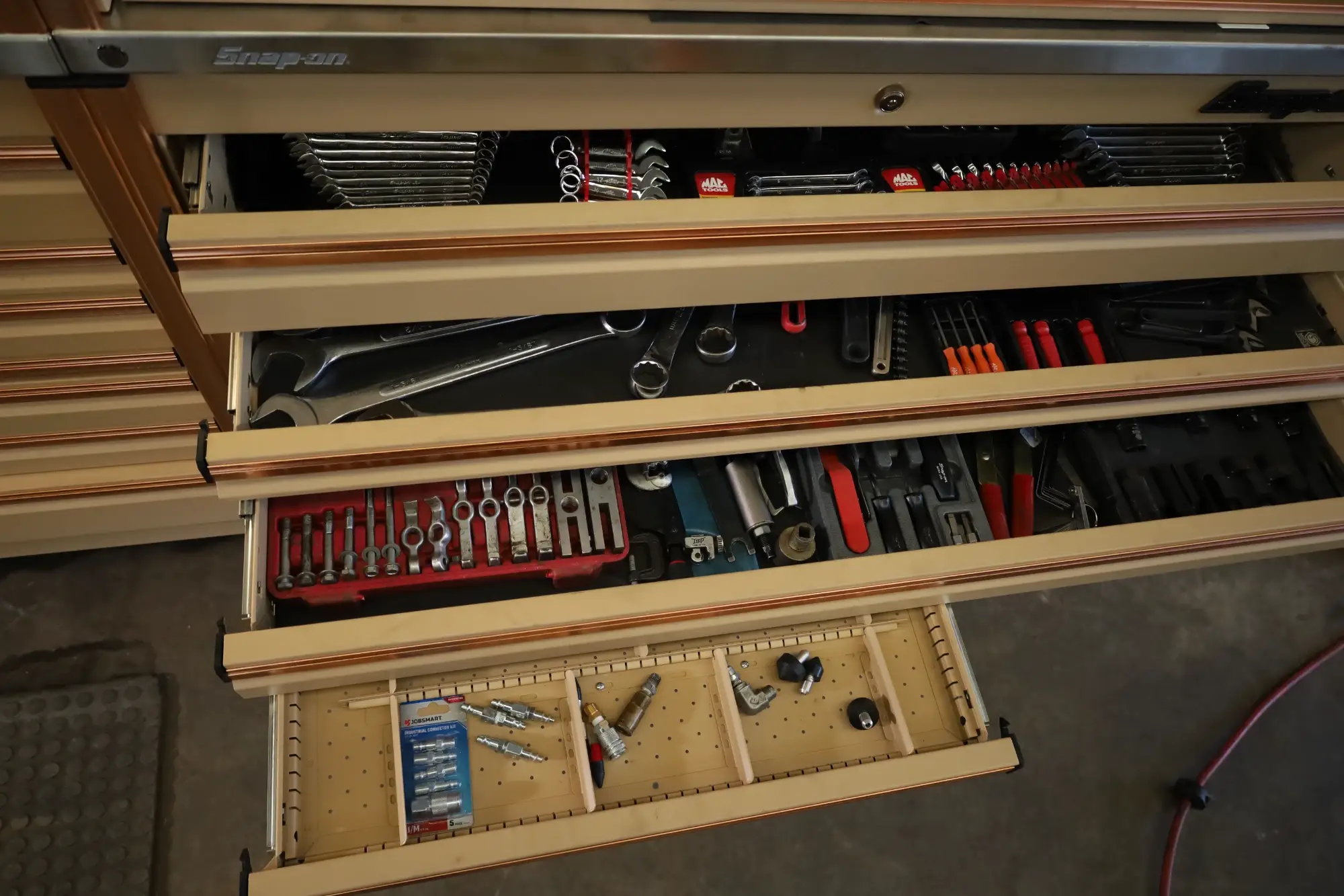 Professional auto repair tools and wrenches in a mechanic toolbox for diesel and heavy equipment repair in Midland Texas