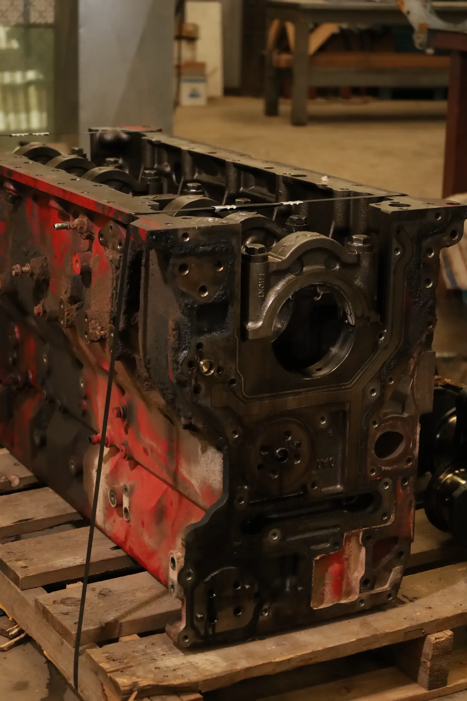 Close-up of a heavy engine block on pallets, highlighting structural details and bolt holes