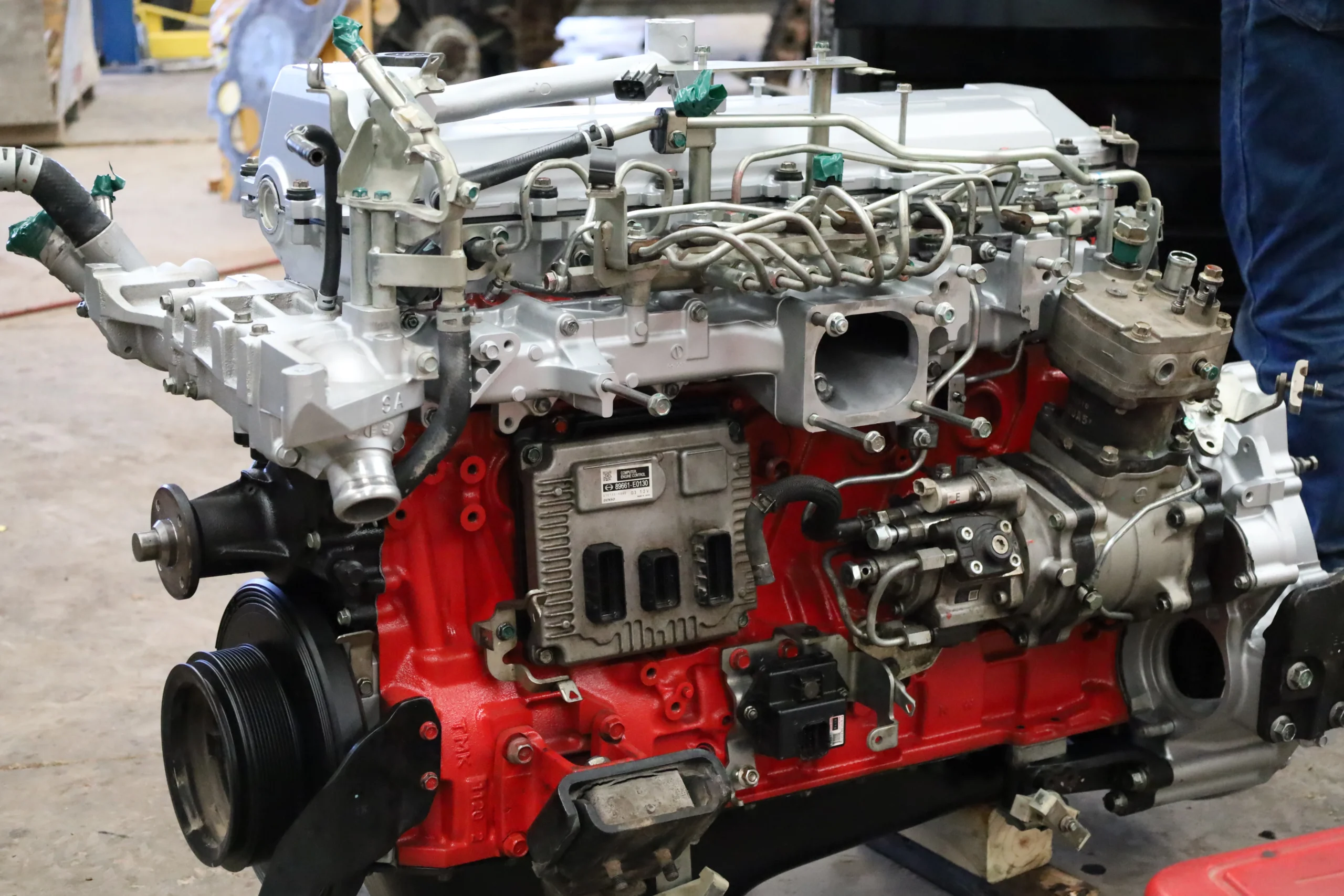Rebuilt Cummins diesel engine on stand at Chris's Diesel Service in Midland TX