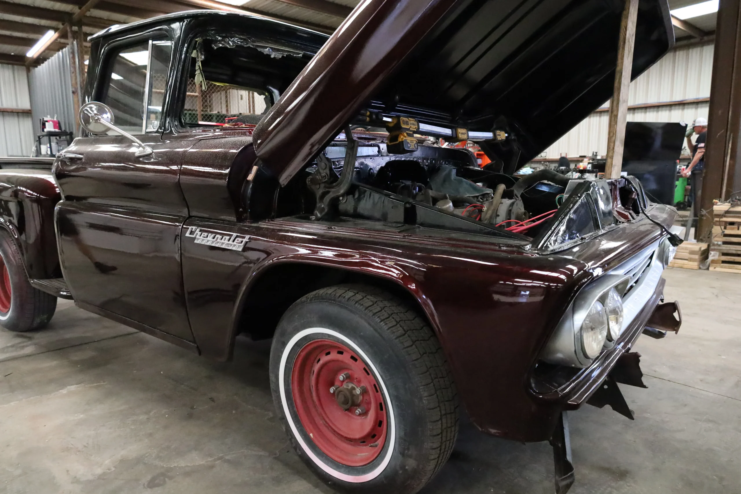 Classic truck with hood open for drivetrain and transmission service at Chris's Diesel Service Midland TX